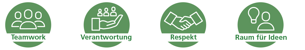 Vier grüne Symbole, die Teamwork, Verantwortung, Respekt und Raum für Ideen darstellen