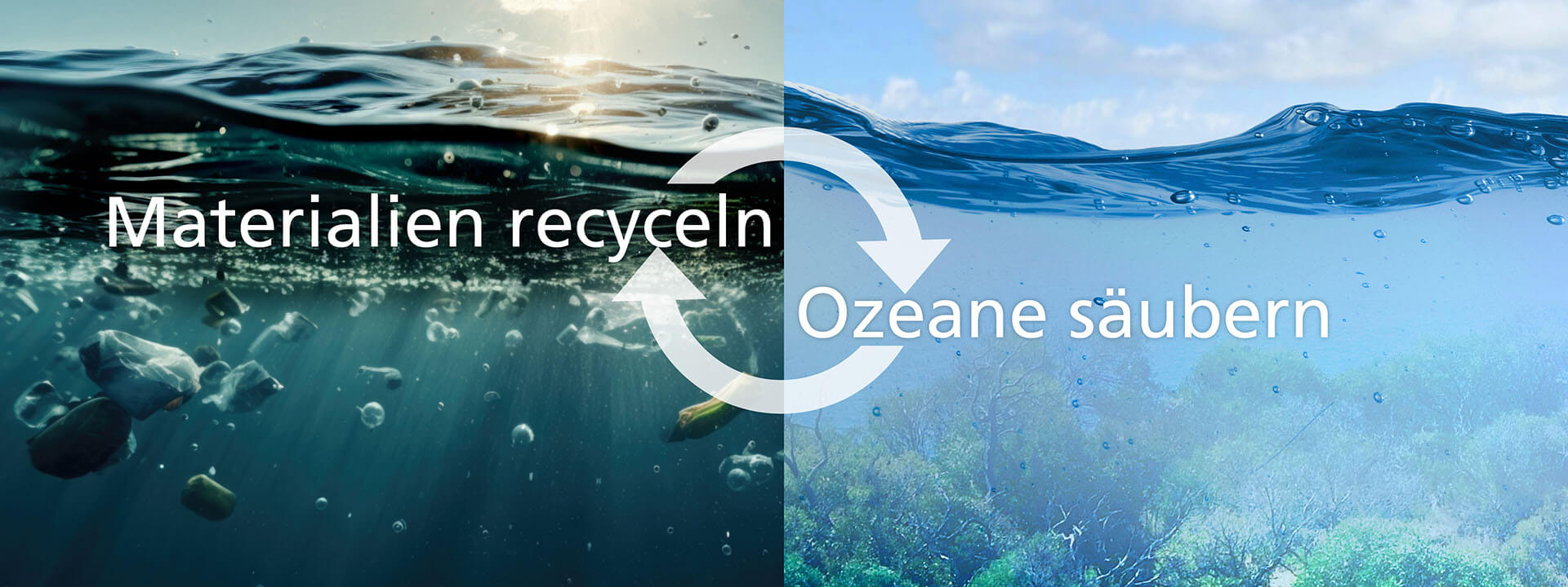 Grafik mit der Botschaft 'Materialien recyceln, Ozeane säubern'; zeigt Wasseroberfläche und Meeresverschmutzung