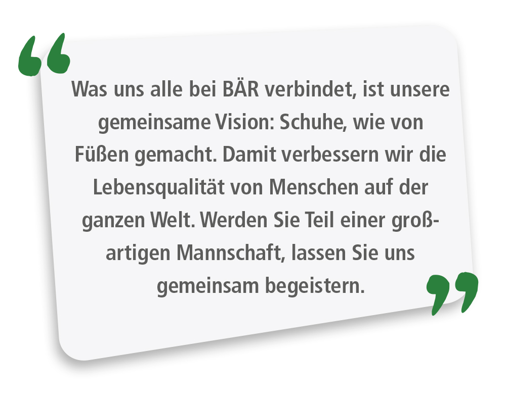 Weißer Hintergrund mit Zitat über die Vision von BÄR, Schuhe und Lebensqualität